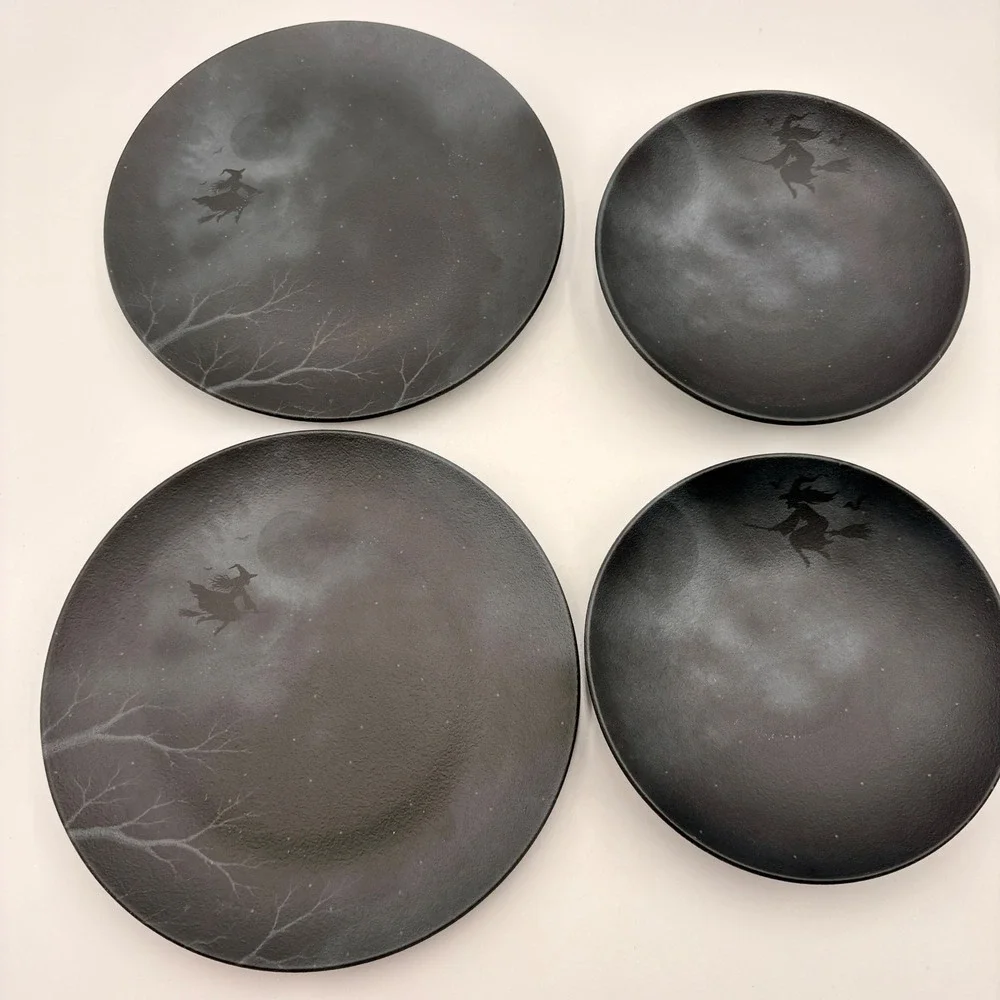 Mesa Brasil Matte Stoneware Halloween Plate Bowl Set Witch Moon Spooky 4pc Sets